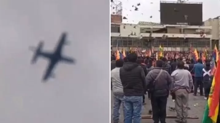 Bolivia: Aviones militares sobrevuelan a baja altura en zonas de La Paz durante protestas. Foto: captura Bolivia: Aviones militares sobrevuelan a baja altura en zonas de La Paz durante protestas. Foto: captura