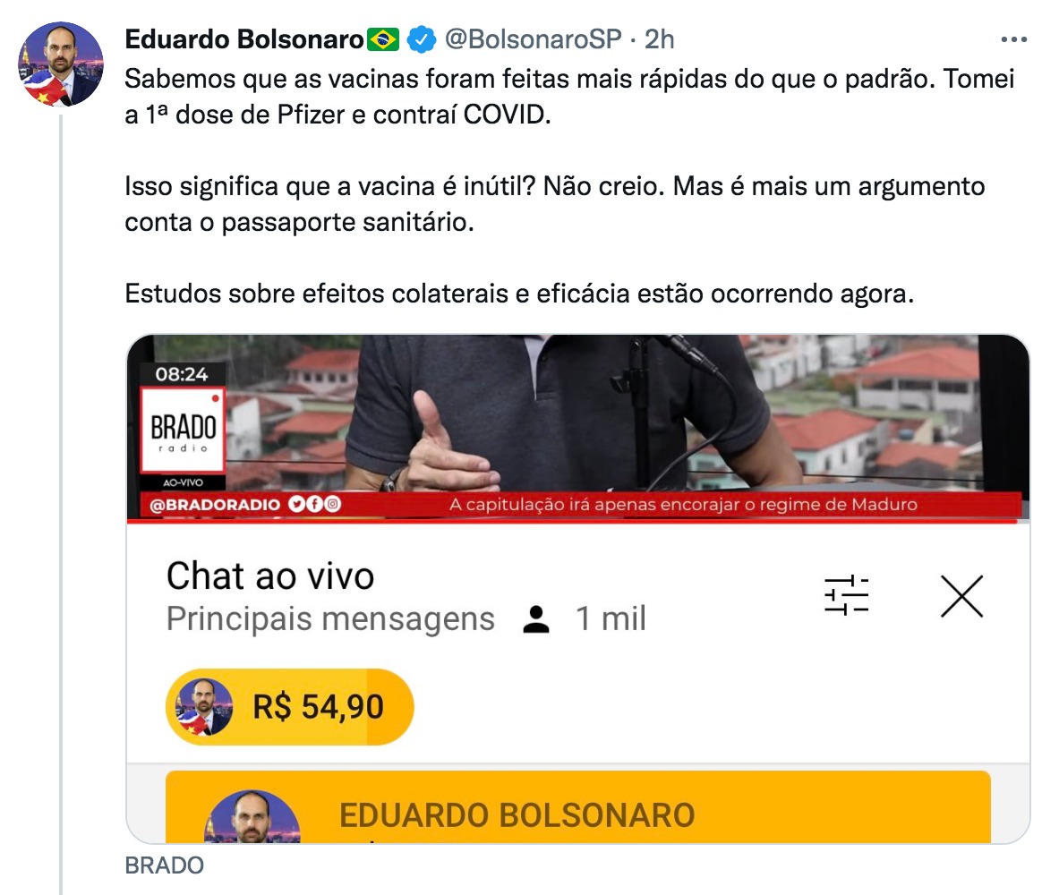 El hijo de Bolsonaro dio positivo para COVID-19 tras volver de Naciones Unidas.