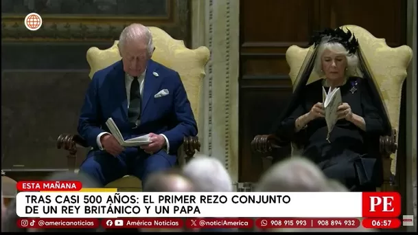 Carlos III y el Papa rezan juntos tras casi 500 años de historia. Foto: América Noticias Carlos III y el Papa rezan juntos tras casi 500 años de historia. Foto: América Noticias