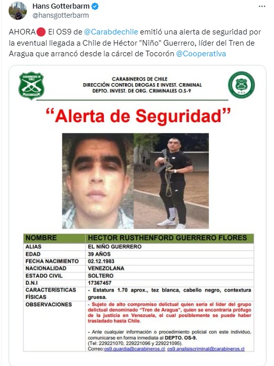 Chile emitió alerta de seguridad por delincuente alias Niño Guerrero