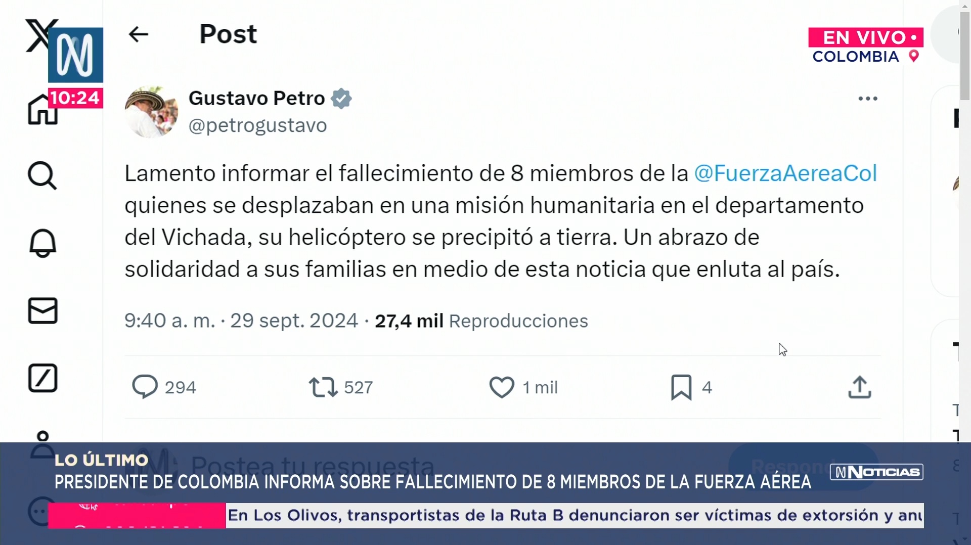 Colombia: Accidente aéreo de las FF. AA. dejó 8 muertos