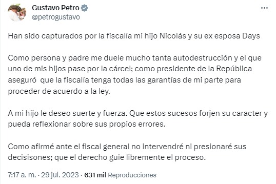 Colombia: Hijo de Gustavo Petro y su exesposa fueron capturados por lavado de activos