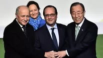 Ministro de Relaciones Exteriores francés Laurent Fabius, Ministro de Ecología francés, Segolene Royal, presidente Francia Francois Hollande y el Secretario General de la ONU Ban Ki-moon. (Vía: AFP)