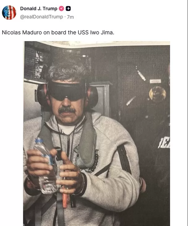 La primera foto de Nicolás Maduro tras ser capturado por el gobierno de Estados Unidos / Truth 