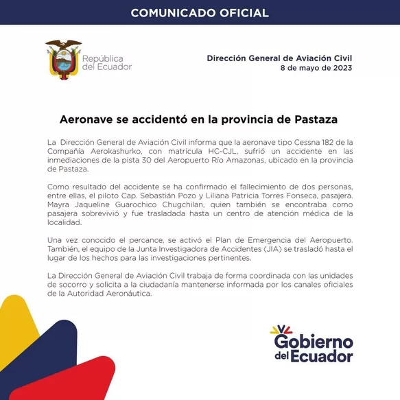 Ecuador: Dos muertos y una sobreviviente tras caída de avioneta