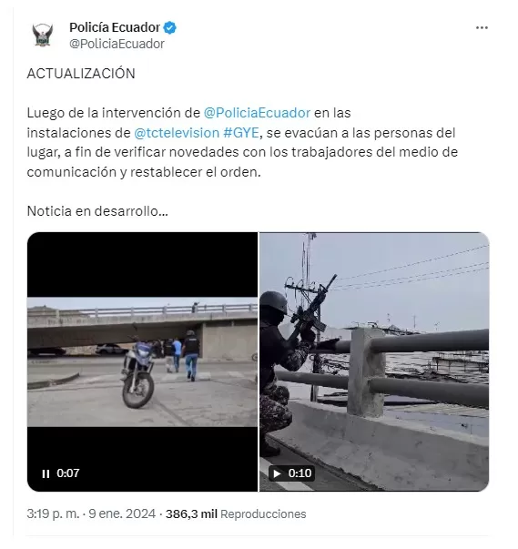 La Policía de Ecuador llegó hasta las inmediaciones del canal de TV tras secuestro - Foto: @PoliciaEcuador