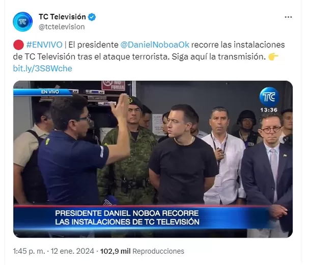 Presidente Daniel Noboa recorrió las instalaciones de TC Televisión donde ingresó un grupo de secuestradores - Foto: @tctelevision