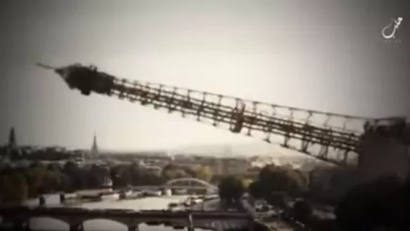 Torre Eiffel se derrumba en un montaje de un video difundido por Estado Islámico. Captura: Youtube