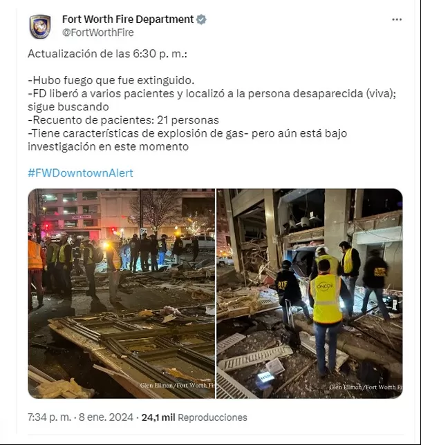 Departamento de bomberos de Fort Worth informó sobre la explosión en hotel de Texas - Foto: @FortWorthFire