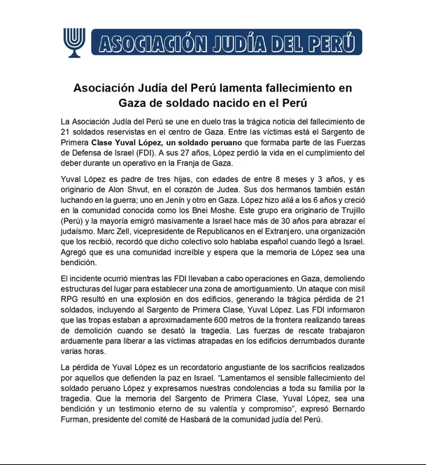 Asociación Judía en el Perú lamentó el fallecimiento de Yuval López, soldado peruano - Foto: Canal N Asociación Judía en el Perú lamentó el fallecimiento de Yuval López, soldado peruano - Foto: Canal N