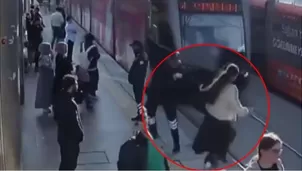 Guardia de seguridad salva a mujer de ser atropellada por tranvía / X