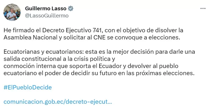 Presidente Guillermo Lasso anunció a través de su cuenta de Twitter.