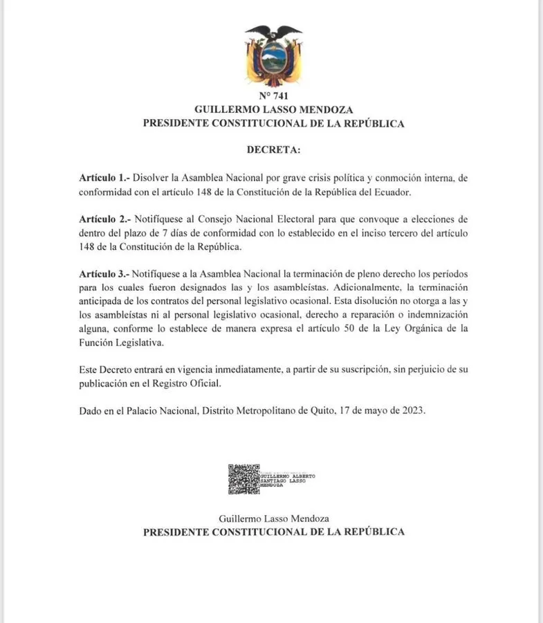 Presidente Guillermo Lasso disolvió el Congreso y convocó a elecciones anticipadas