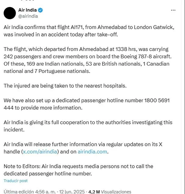 Air India dio detalles de la tragedia en dicho país / X