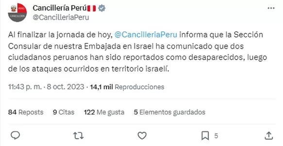 Peruanos desaparecidos en Israel. Foto: Twitter Cancillería