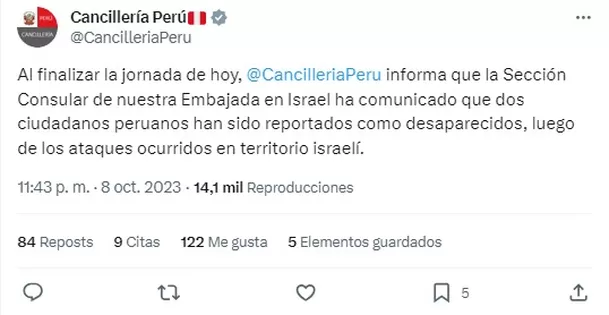 Peruanos desaparecidos en Israel. Foto: Twitter Cancillería