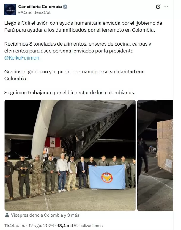 Llegó a Cali el avión con 8 toneladas de ayuda humanitaria enviada por el Gobierno de Perú tras el terremoto de magnitud 7.4 en Colombia. La presidenta Keiko Fujimori supervisó el despacho de alimentos, carpas y medicinas. Imagen: Captura/X/ @CancilleriaCol Llegó a Cali el avión con 8 toneladas de ayuda humanitaria enviada por el Gobierno de Perú tras el terremoto de magnitud 7.4 en Colombia. La presidenta Keiko Fujimori supervisó el despacho de alimentos, carpas y medicinas. Imagen: Captura/X/ @CancilleriaCol