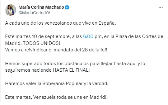 María Corina Machado convoca a marcha contra Maduro en Madrid