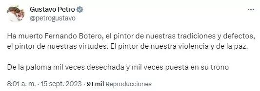 Presidente de Colombia lamentó la muerte de Fernando Botero / Twitter