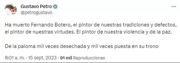 Presidente de Colombia lamentó la muerte de Fernando Botero / Twitter