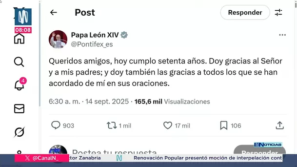 El papa León XIV cumple 70 años y agradece desde el Vaticano. Foto: Canal N