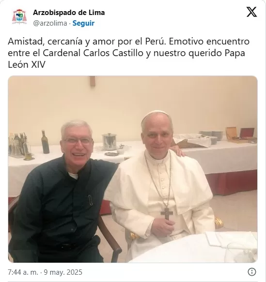 Emotivo encuentro entre el cardenal Carlos Castillo y el papa León XIV. Foto: X Emotivo encuentro entre el cardenal Carlos Castillo y el papa León XIV. Foto: X