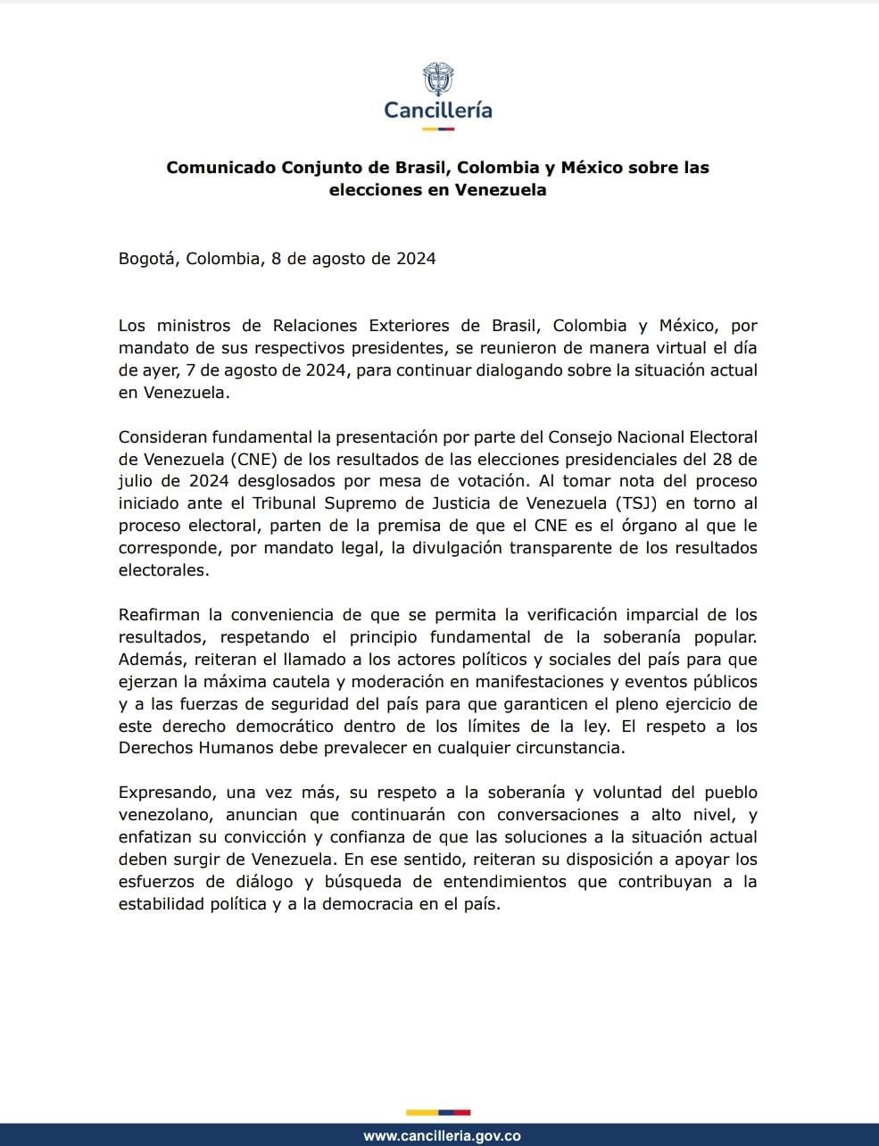 Brasil, México y Colombia piden al Consejo Nacional Electoral que publique resultados de las elecciones en Venezuela