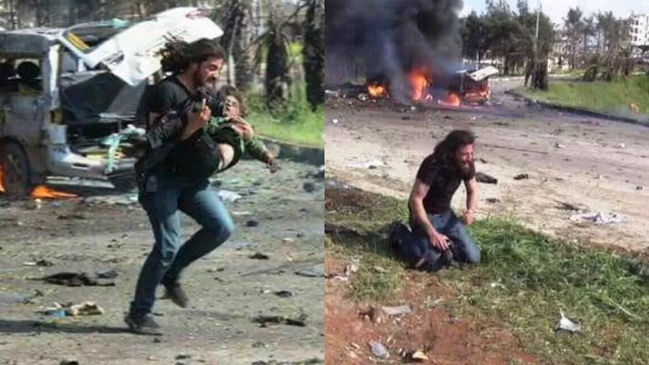 Fotorreportero llorando junto al cadáver de un niño en Siria. Foto: Twitter @omarghabra