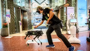 Tailandia: Perro robot distribuye gel para las manos en un centro comercial. Foto: AFP