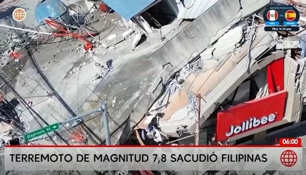 En las imágenes, se ven edificios dañados y al menos dos restaurantes de Jollibee, una cadena nacional de comida rápida muy conocida, mientras se derrumba durante el sismo / América Noticias En las imágenes, se ven edificios dañados y al menos dos restaurantes de Jollibee, una cadena nacional de comida rápida muy conocida, mientras se derrumba durante el sismo / América Noticias