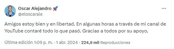 Youtube Oscar Alejandro se pronunció tras ser liberado / X