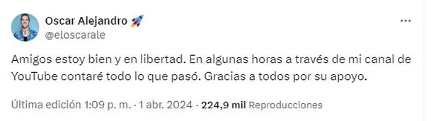 Youtube Oscar Alejandro se pronunció tras ser liberado / X