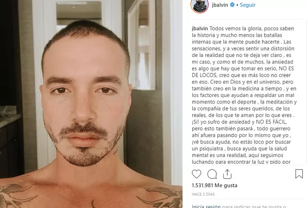 J Balvin sorprende a seguidores al revelar que tiene problemas de salud mental