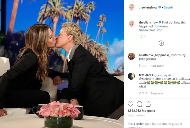 Jennifer Aniston sorprende con beso en la boca a Ellen Degeneres