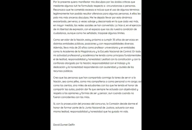 JNJ: David Dumet pidió disculpas tras difusión de polémicos tuits