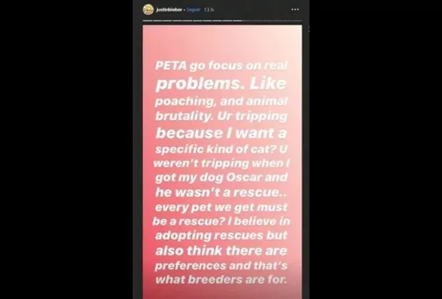 Justin Bieber arremete contra organización animalista PETA por opinar sobre sus gatos