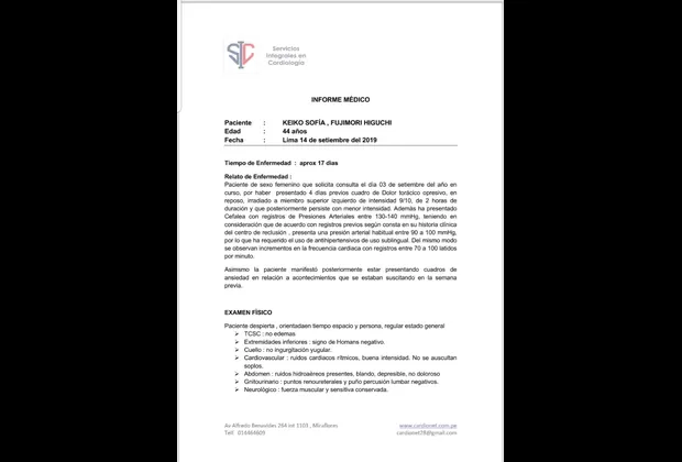 Keiko Fujimori: informe médico recomienda evaluación urgente en centro asistencial