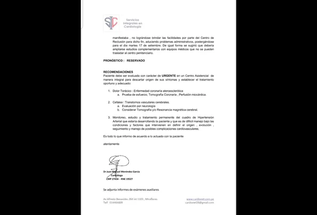 Keiko Fujimori: informe médico recomienda evaluación urgente en centro asistencial