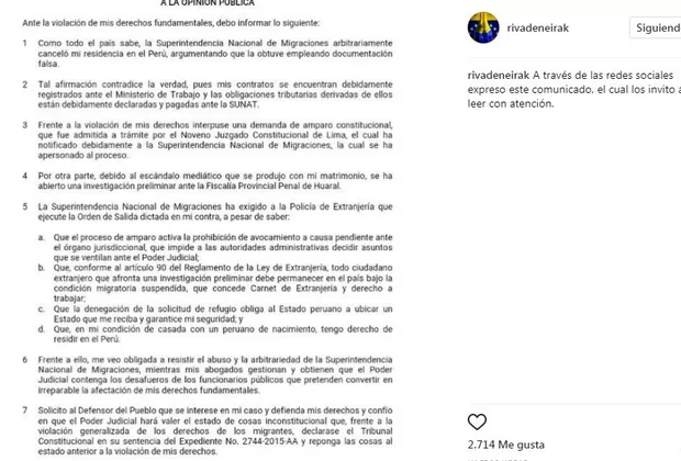 Korina Rivadeneira envió comunicado