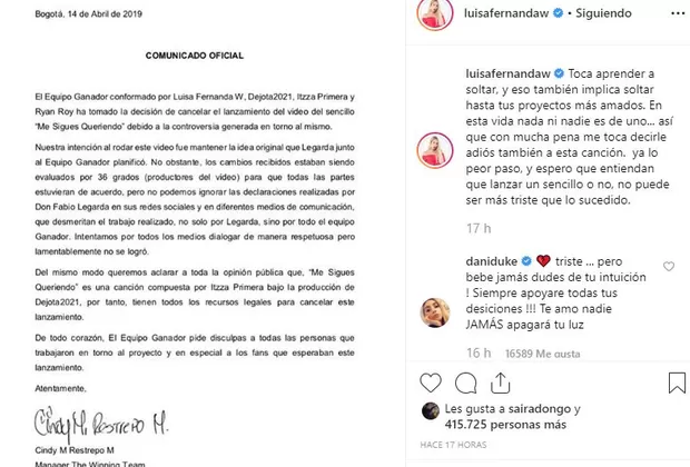 Luisa Fernanda W comunicado Legarda