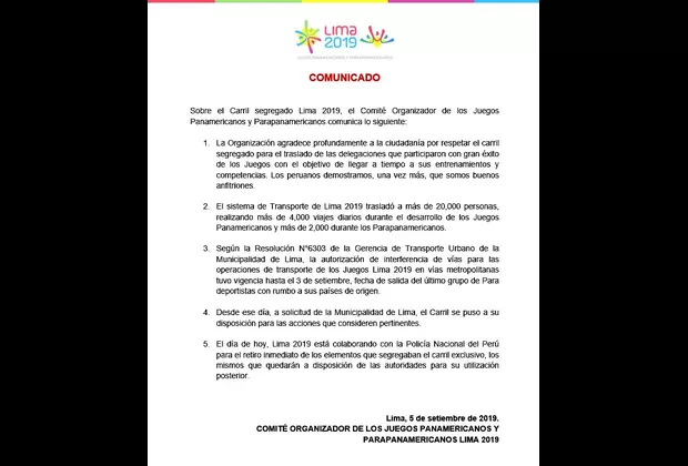 Panamericanos 2019: disponen retiro inmediato de separadores de carril exclusivo
