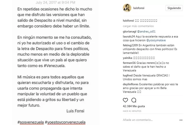 Luis Fonsi molesto por versión de 'Despacito' de Nicolás Maduro