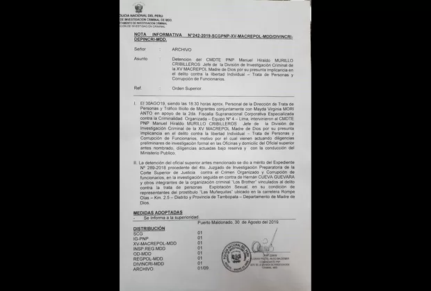 Madre de Dios: detienen a alto oficial de la PNP implicado en trata de personas