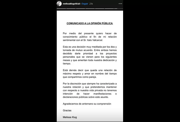 Melissa Klug anunció el fin de su relación con Ítalo Valcárcel