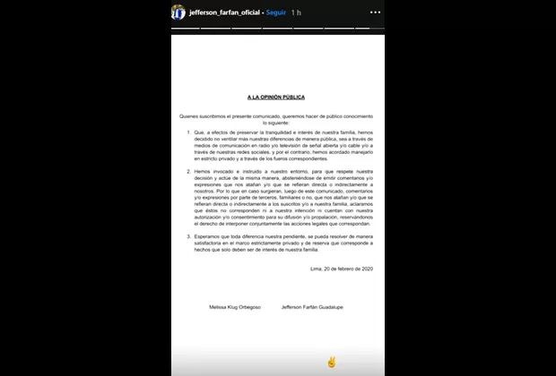 Melissa Klug y Jefferson Farfán firman acuerdo: 