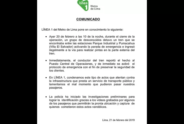 Metro de Lima: desconocidos hicieron pintas en vagones de la Línea 1 