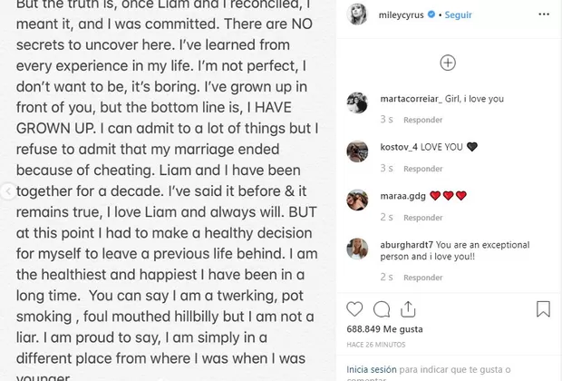 Miley Cyrus: “Amo a Liam y siempre lo haré, pero tuve que tomar una decisión saludable”