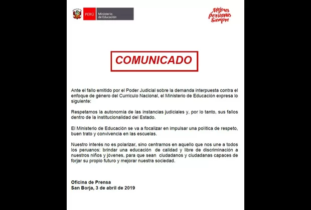 Minedu sobre enfoque de género: Respetamos la autonomía de instancias judiciales