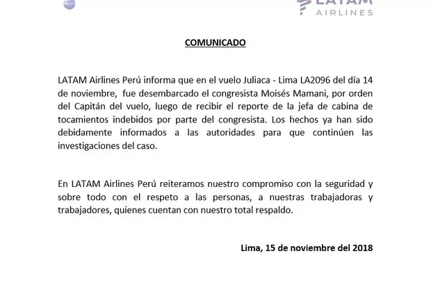 Moisés Mamani fue sacado de avión tras ser denunciado por tocamientos indebidos