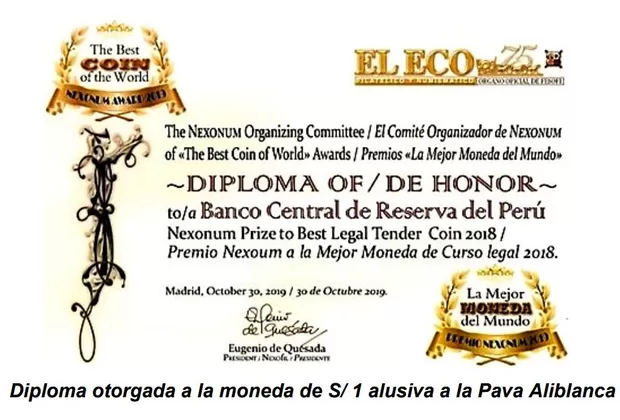Moneda de S/ 1 alusiva a la pava aliblanca ganó premio como la mejor del mundo